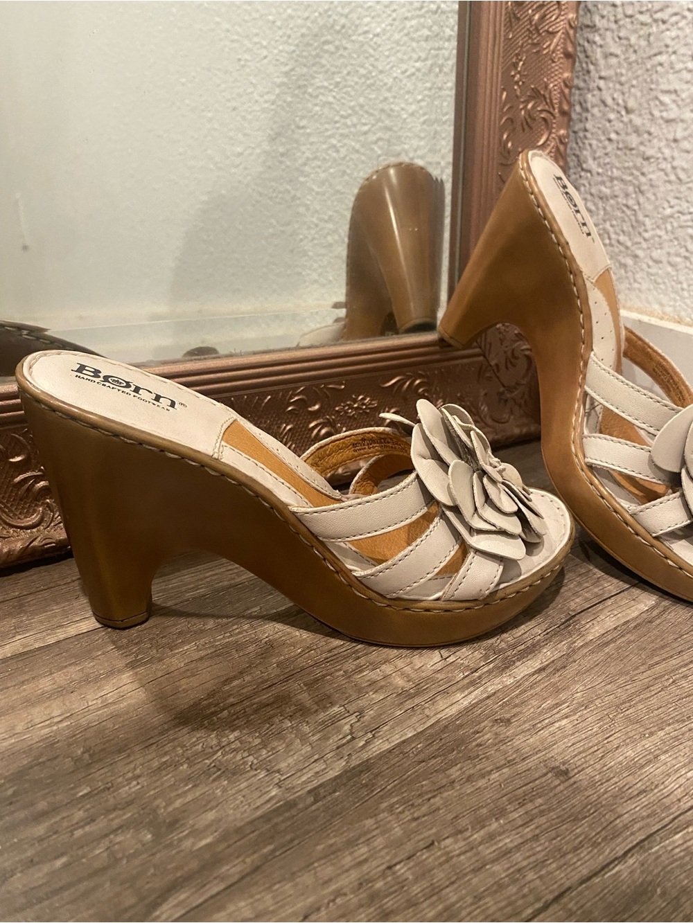 Born Beige Floral Slide Mules with Wood-Tone Heel - Picture 2 of 6
